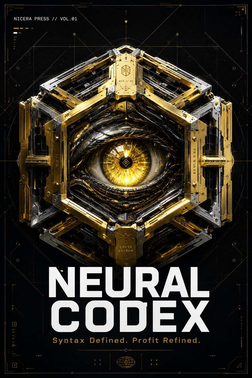 Neural Codex Vol.01 — titanium and gold mechanical eye, black and gold collector edition cover